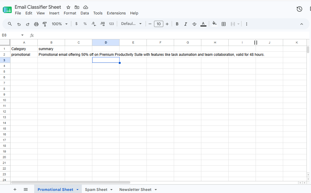 Classified email logged to Google Sheet with summary