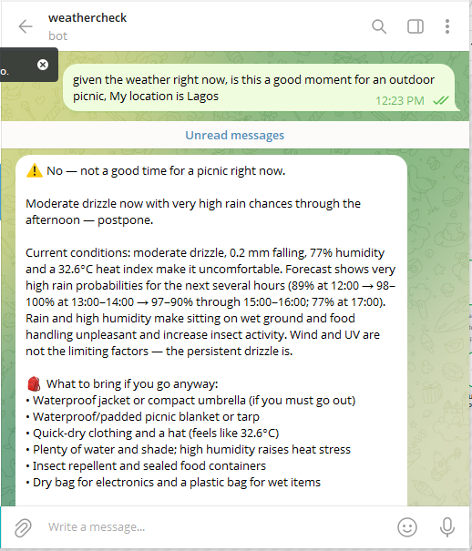 Weather advisor delivering a decisive picnic recommendation in Telegram