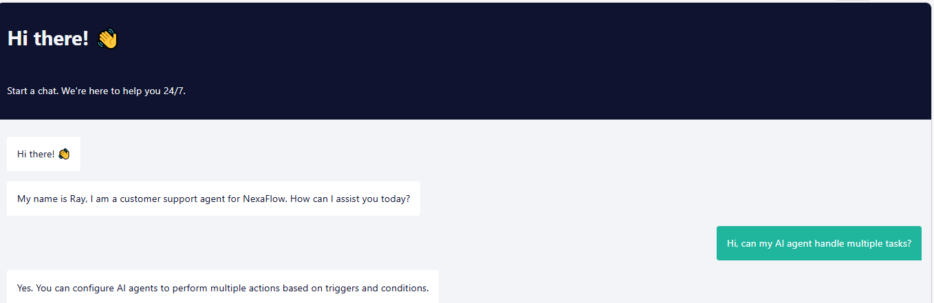Deployed NexaFlow support chatbot answering a user question