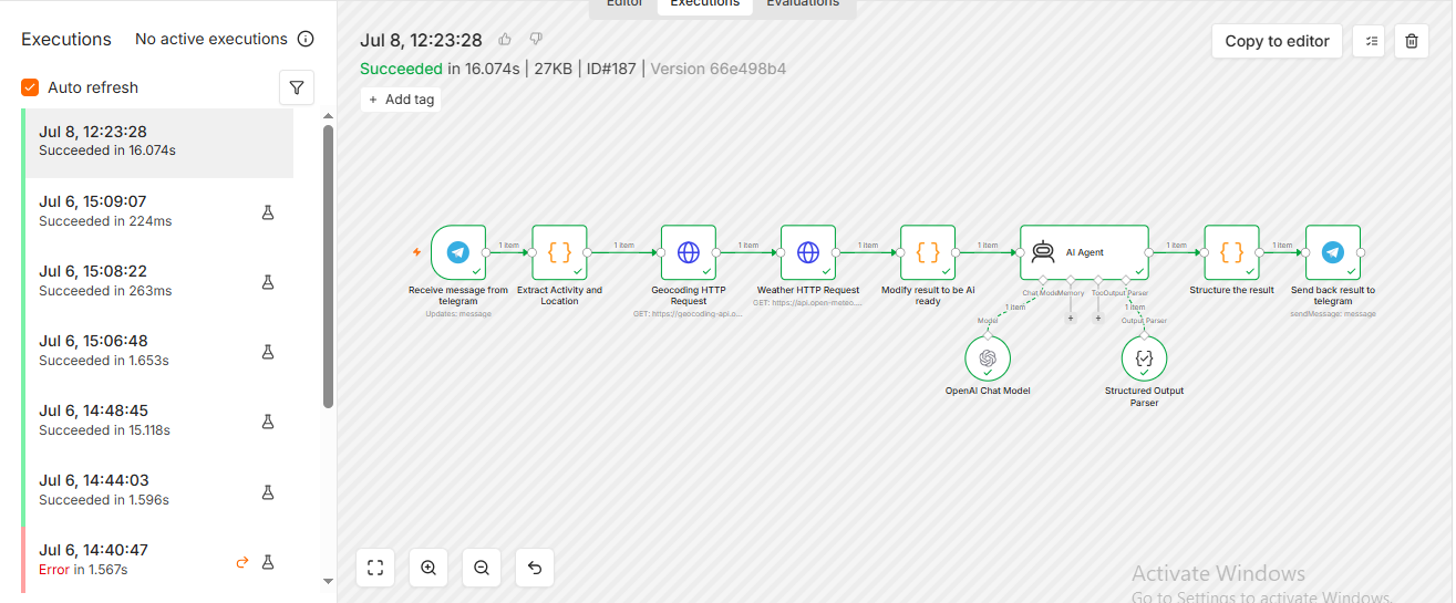 Weather advisor workflow architecture in n8n